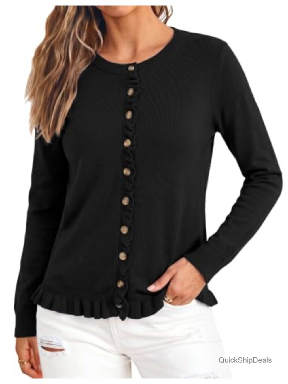 Ruffle Trim Puff Sleeve Button Down Knit Cardigan Sweater